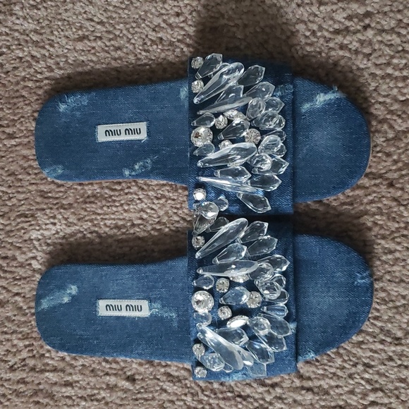 Miu Miu - Denim Crystal Sandals - Picture 2 of 6